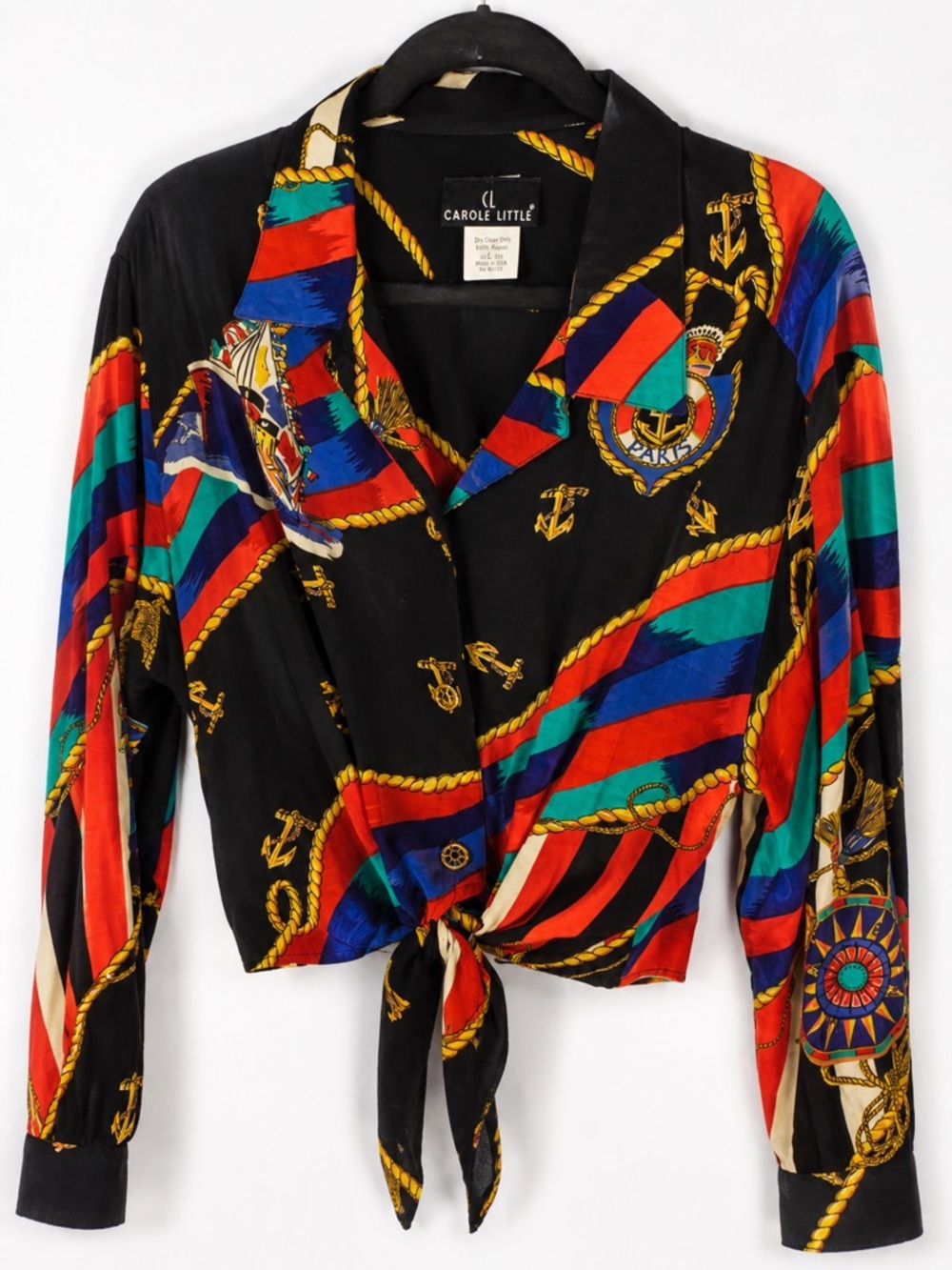 Women's Black Multi-Color Satin Button-Front Tie Blouse - Picture 2 of 15